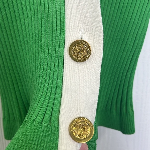 Boston Proper - Ribbed Bright Green White Trim Gold Button Cardigan Size Medium - Picture 9 of 10